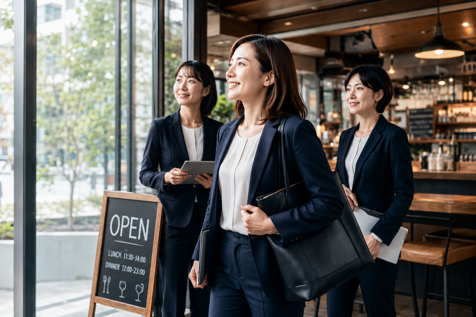 飲食店前のスーツ姿の営業チーム
